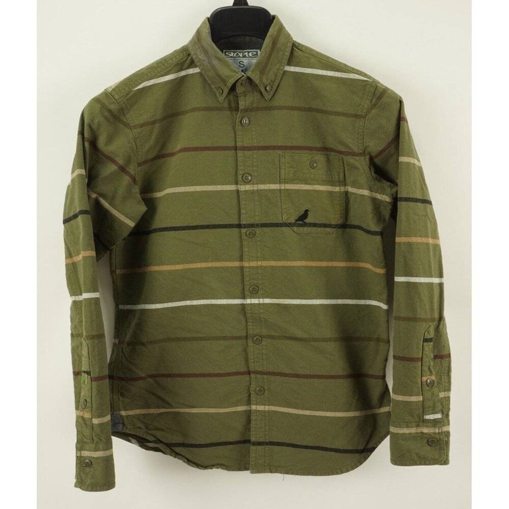 Staple Pigeon Men's Small Long Sleeve Green White Striped Logo Button Down Shirt